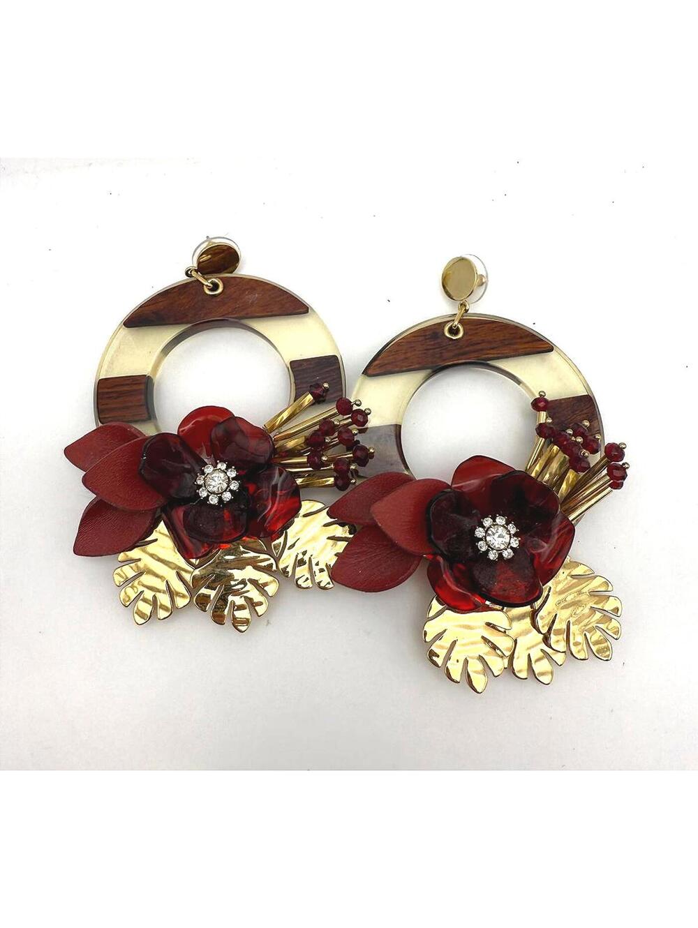 XL Floral Statement Hoop Earrings with Gold Leaf Accents